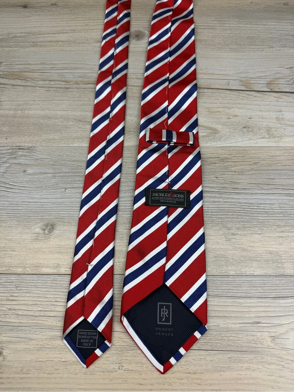 Robert Jensen 100% Silk Tie Red, White and Blue Striped Made in Italy 58